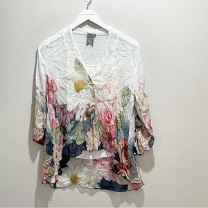 MODA SETA ITALY Women’s Layered Chiffon Rose Floral 3/4 Sleeve Blouse Size Small